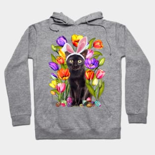 Cat Bunny Ears And Tulip Flowesr Happy Easter Day Hoodie